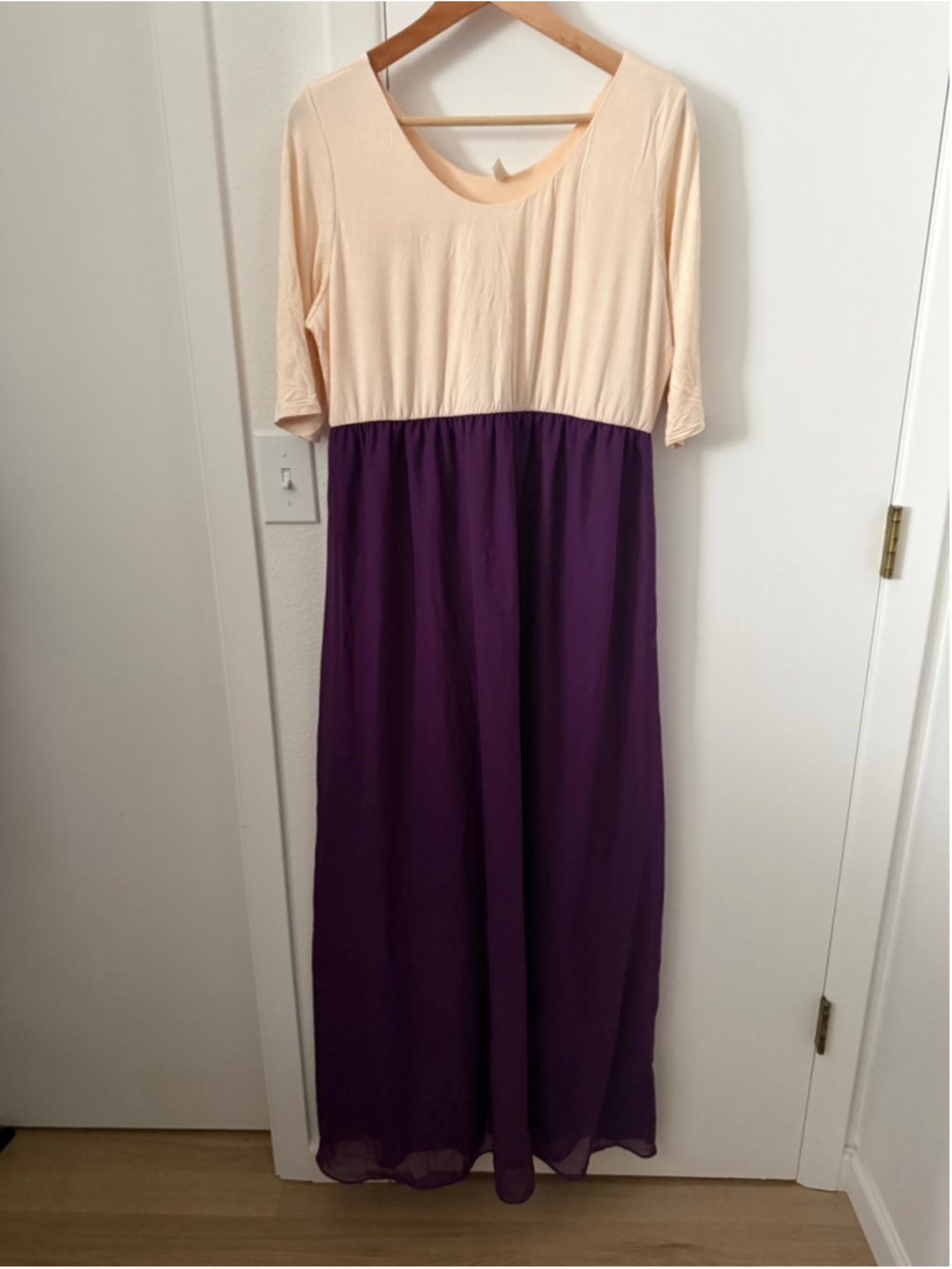 PinkBlush 2XL Colorblock Maxi Dress Cream Purple Empire Waist Chiffon Lined USA